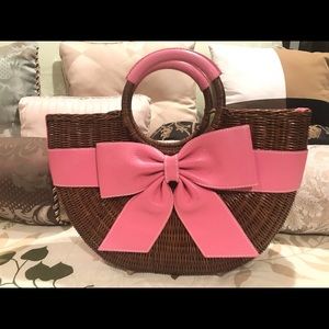 Isabella Fiore Pink Bow/Trim Brown Wicker Purse